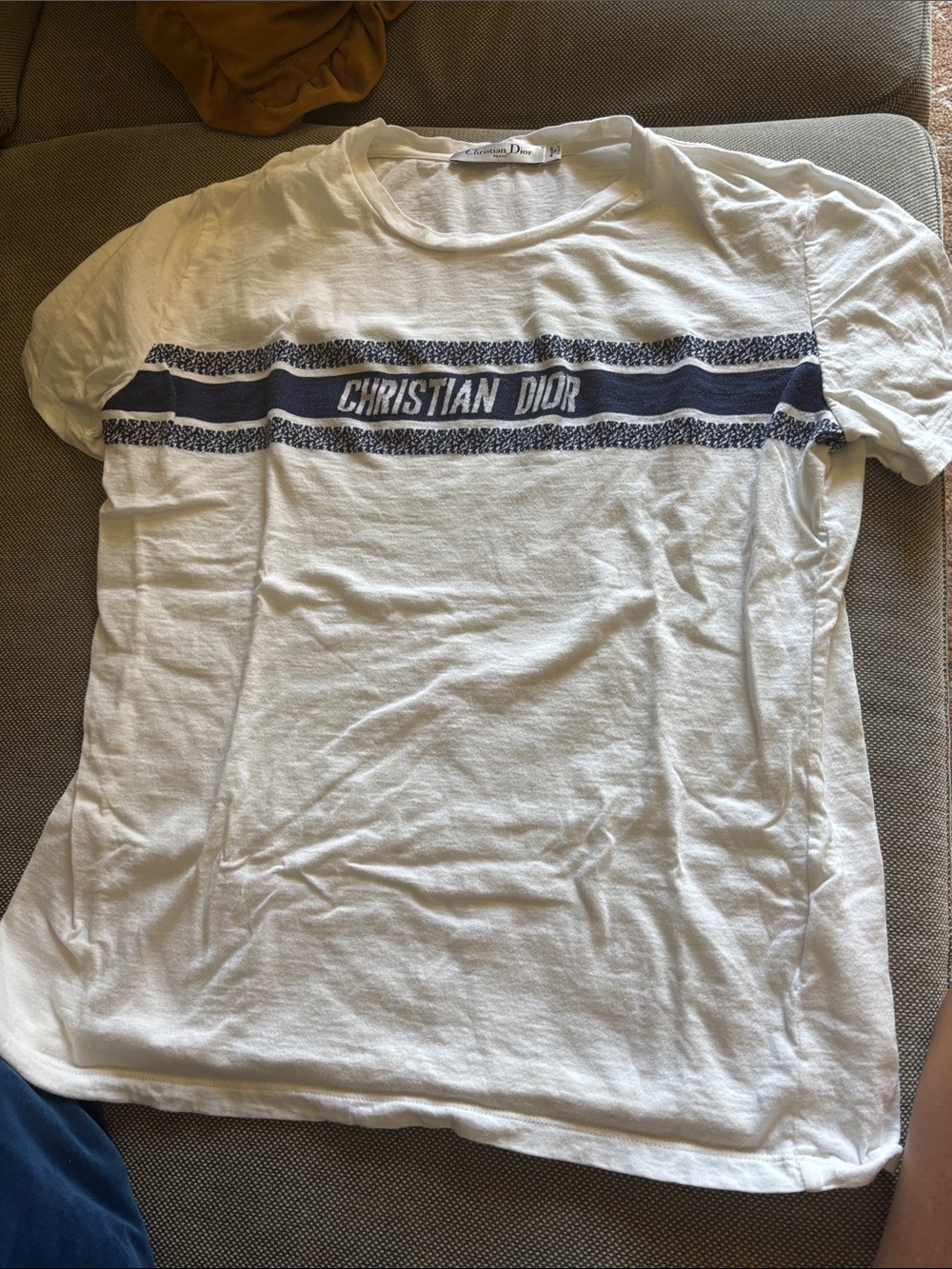 Dior White Short-Sleeve Tee with Navy Christian Dior Chest Stripe